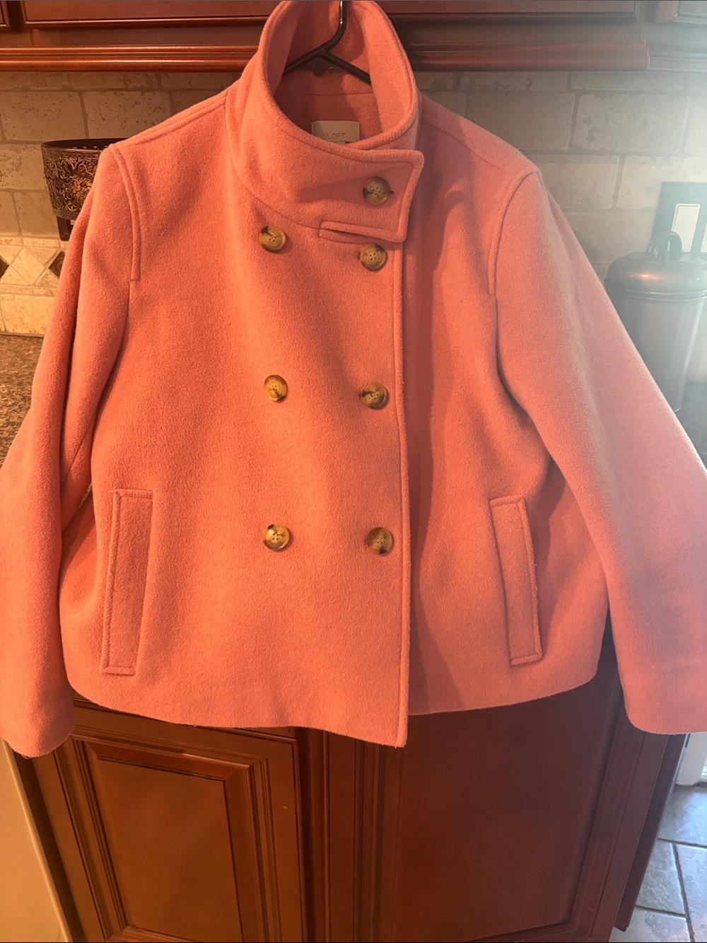 LOFT Coral Pink Double-Breasted Wool-Blend Peacoat